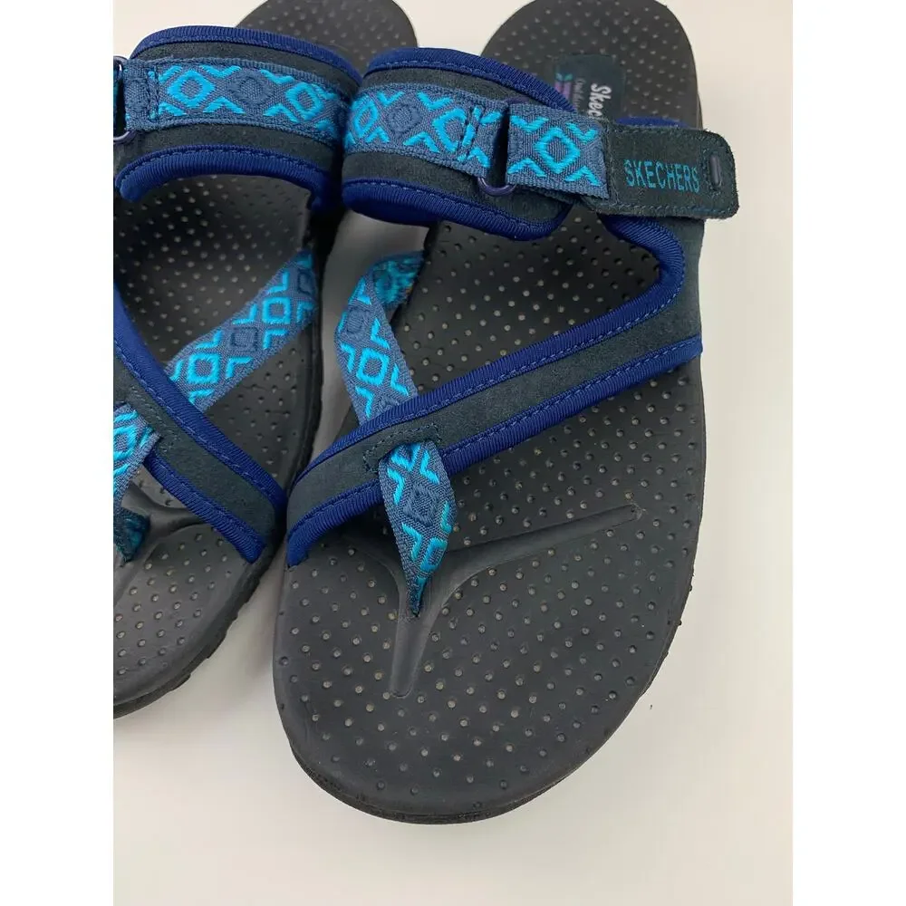 Skechers Reggae Trailway Sandals Slip On Toe Loop Black Blue Outdoor Women's 10